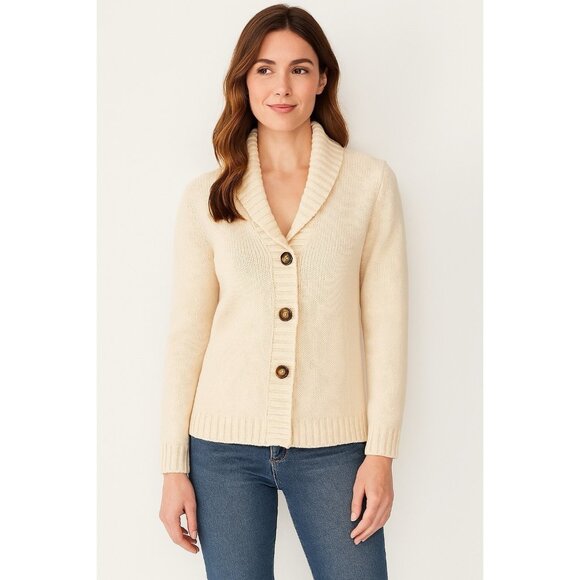 Vintage Lands’ End Women’s M 10-12 Cotton Cardigan Sweater Cream Shawl Collar - Picture 1 of 9